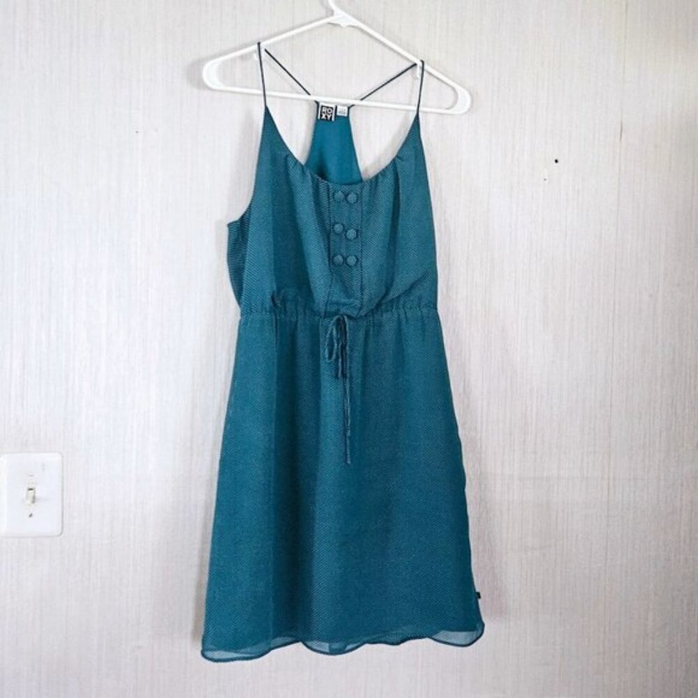 Roxy Polka Dot Strappy Dress - Teal - size L - EUC